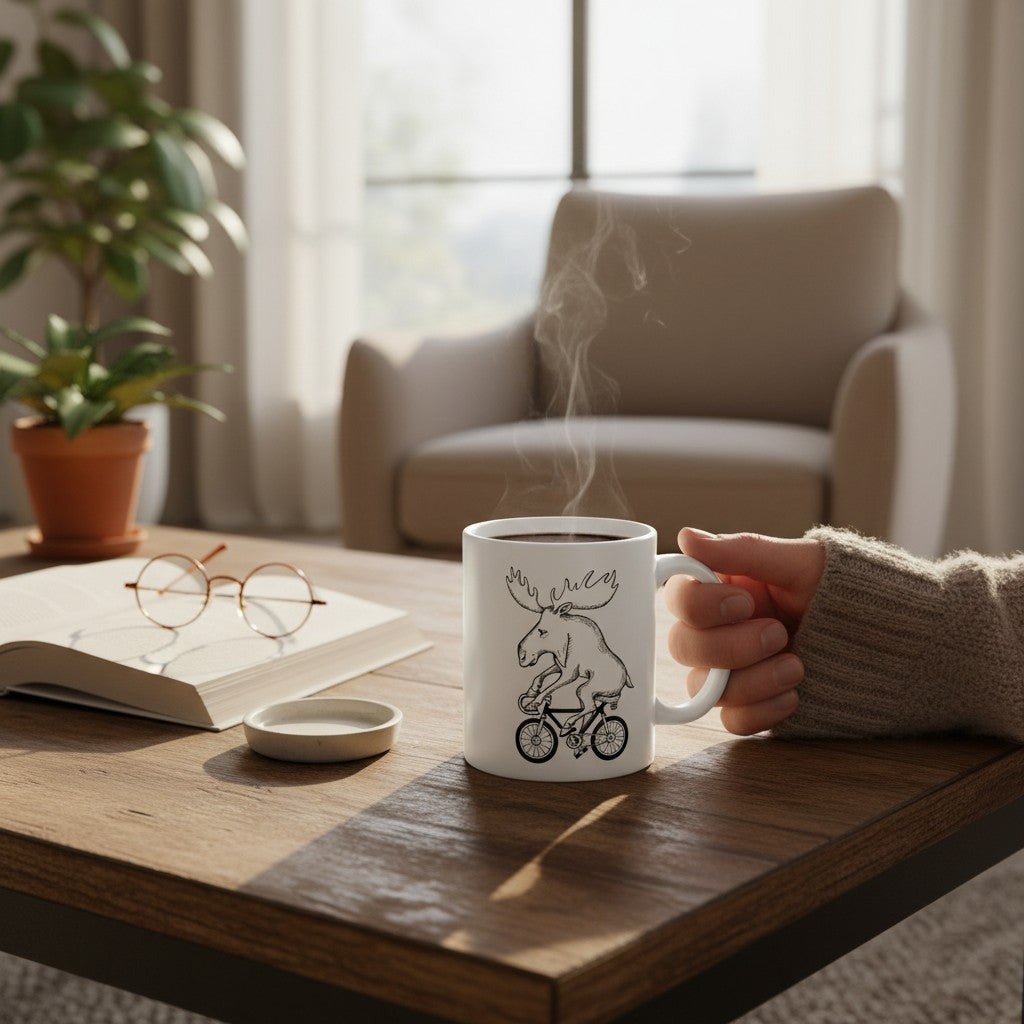 Moose on a Bike Ceramic Mug — Funny Animal Illustration Coffee Cup