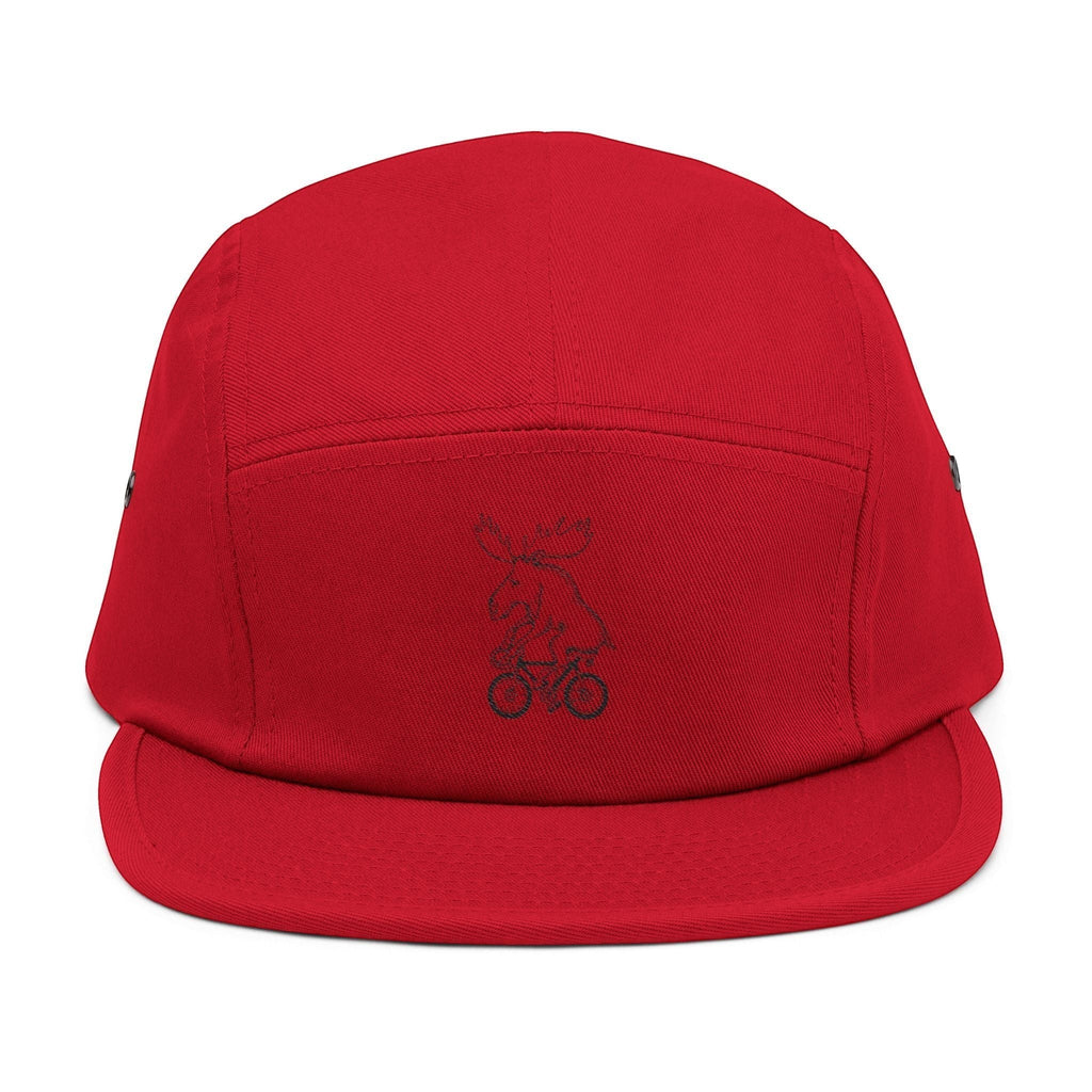 Rack & Cycle red 100% cotton five-panel cap with embroidered moose on a bike motif and adjustable strap.