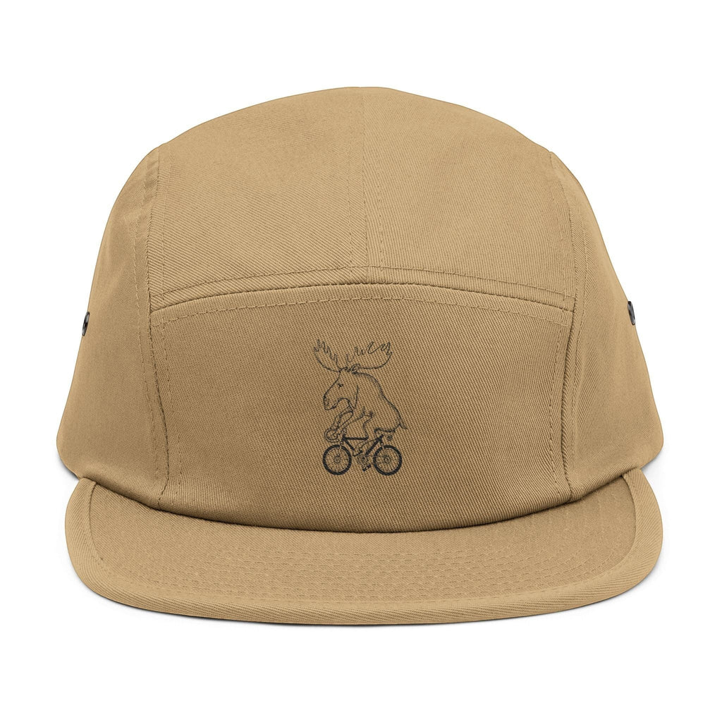 Rack & Cycle tan 100% cotton 5-panel cap with embroidered moose on a bike motif and adjustable strap.