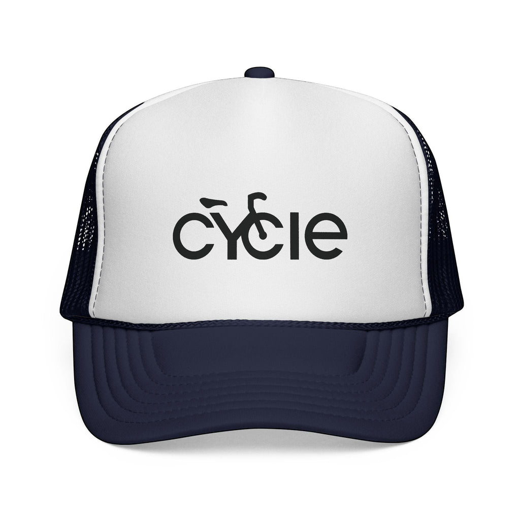 Rack & Cycle white trucker hat with navy mesh back and brim, featuring a black 'cycle' logo.