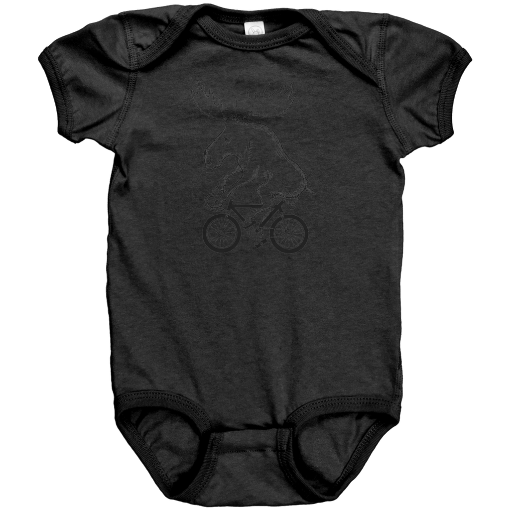Rack & Cycle black 100% cotton baby bodysuit with a line art graphic of a moose riding a bicycle.