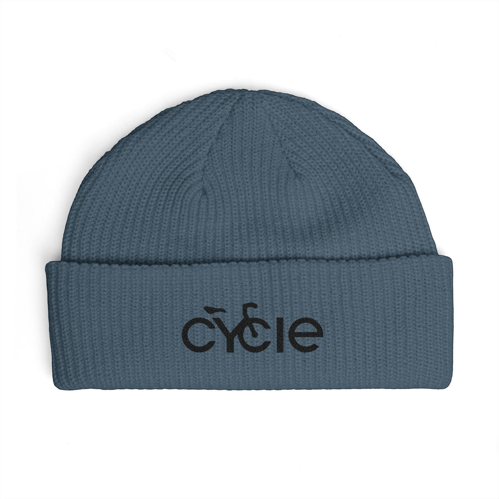 Rack & Cycle blue acrylic fisherman beanie with wide ribbed knit and embroidered bike logo on cuff.