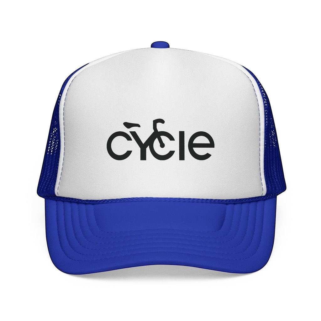 Rack & Cycle blue trucker hat with white front panel featuring a black 'cycle' bike logo. Mesh back and adjustable snap closure.