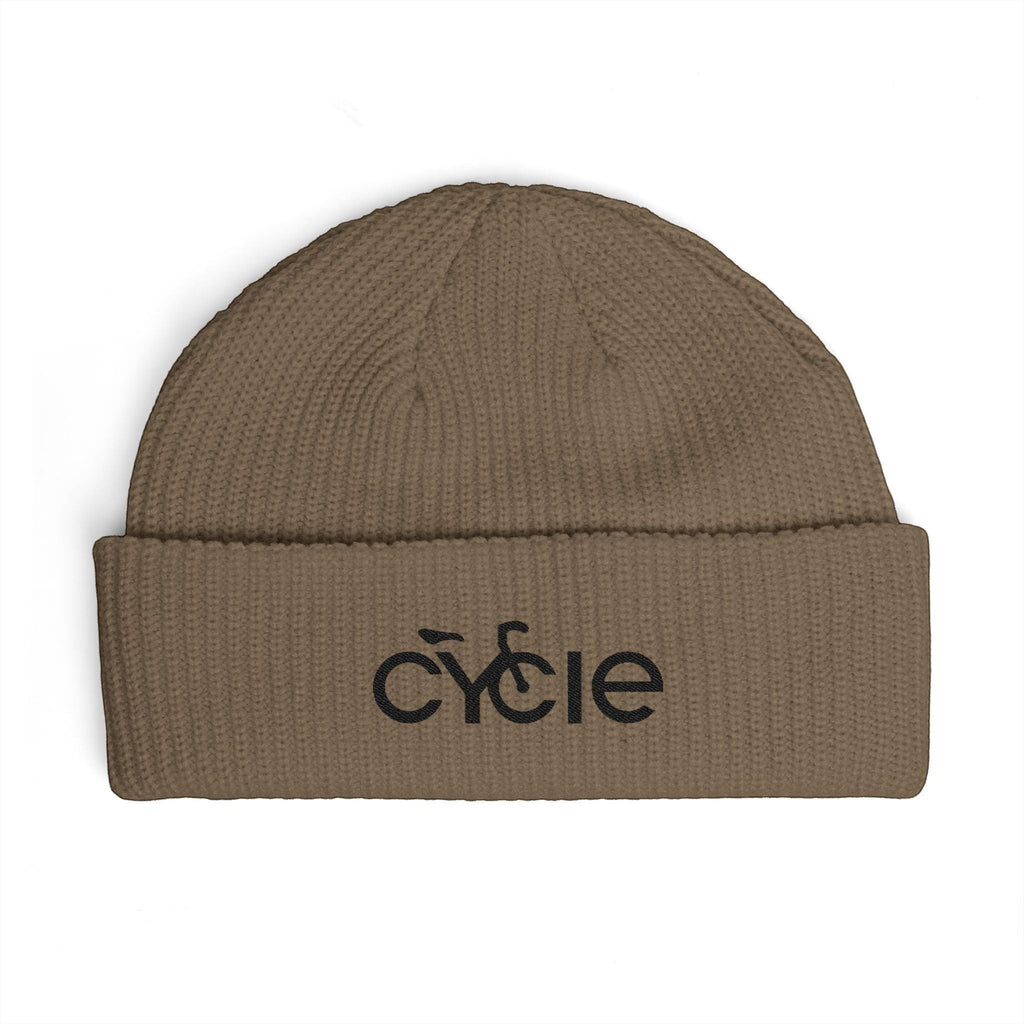 Rack & Cycle brown acrylic fisherman beanie with wide ribbed knit and embroidered bike logo on cuff.