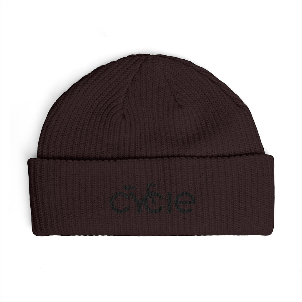 Rack & Cycle dark brown acrylic fisherman beanie with wide ribbed knit and embroidered bike logo on the cuff.