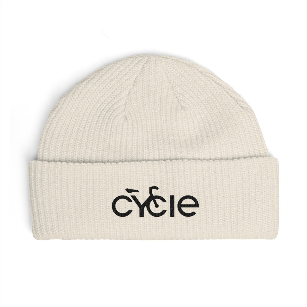 Rack & Cycle cream ribbed knit fisherman beanie with embroidered black 'Cycle' bike logo on the cuff.