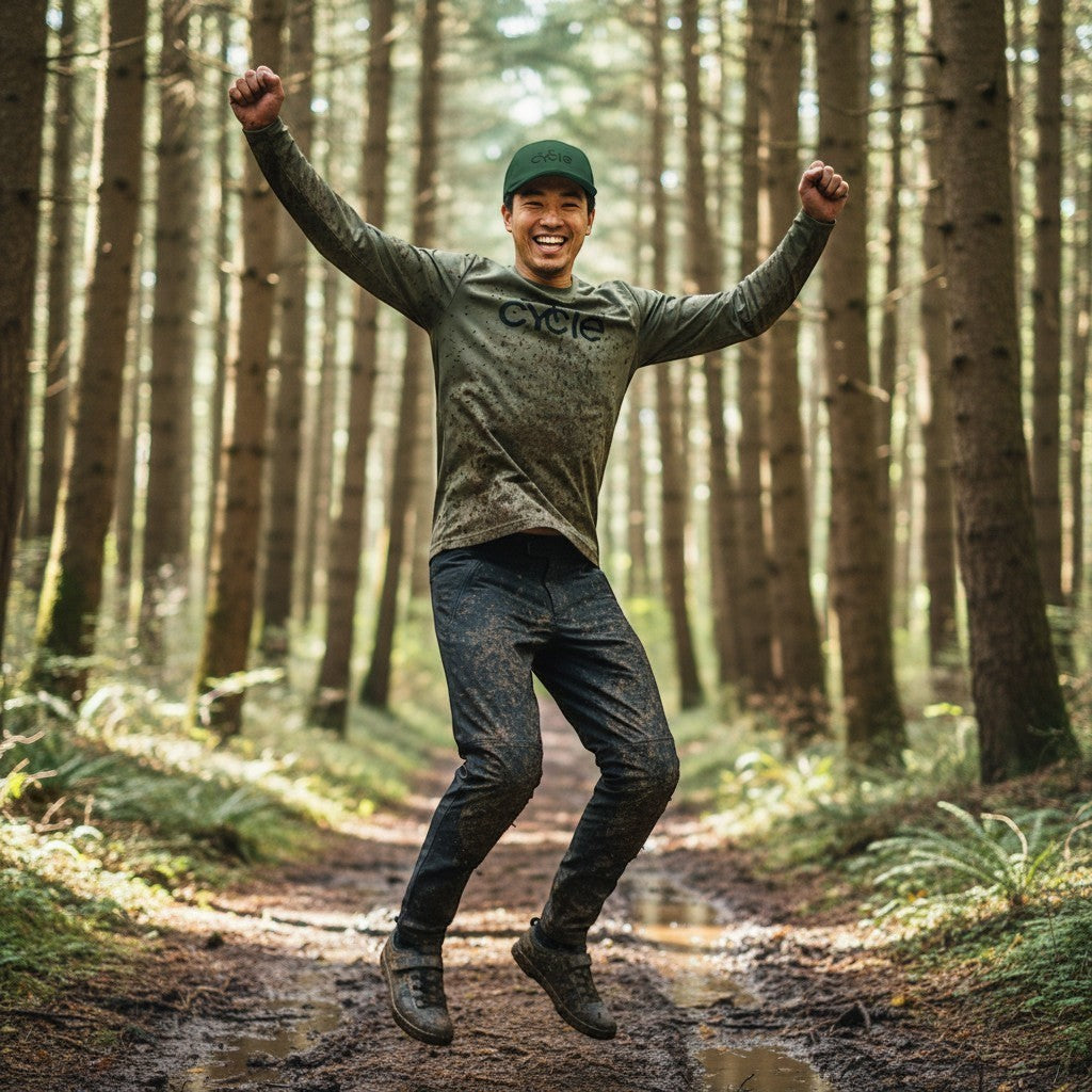 Rack & Cycle green cotton dad cap with embroidered "cycle" logo and bike silhouette, worn by a man jumping in a forest.