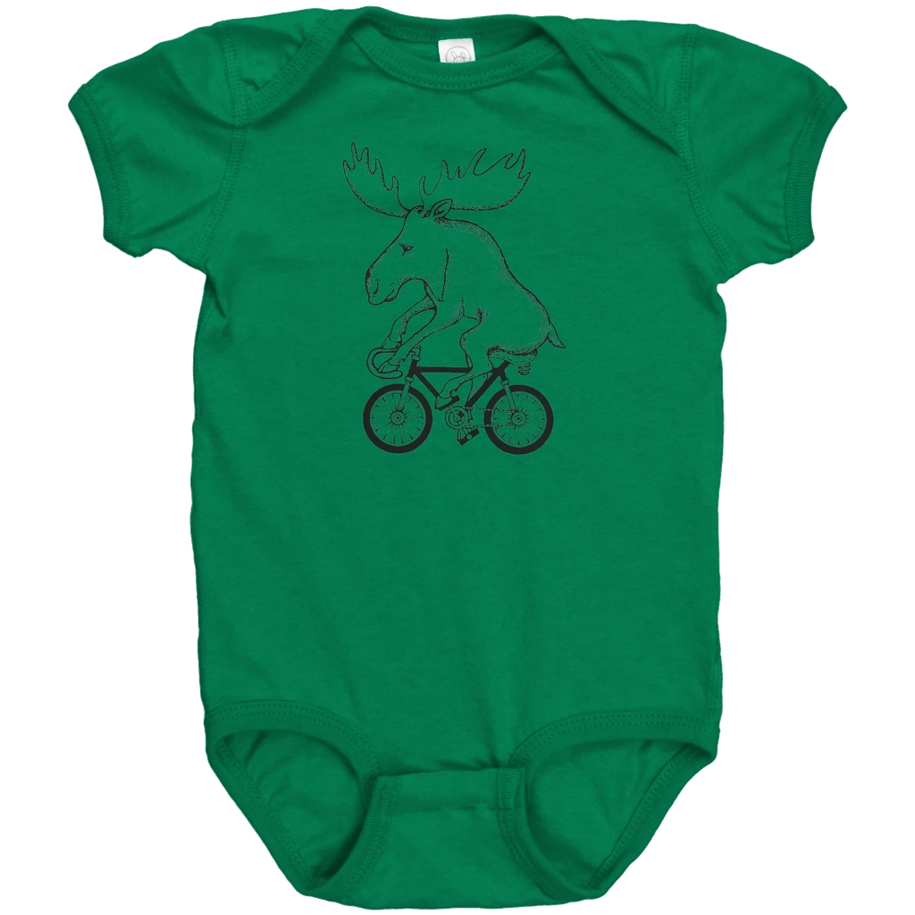 Rack & Cycle green 100% cotton baby bodysuit with a black graphic of a moose riding a bicycle.