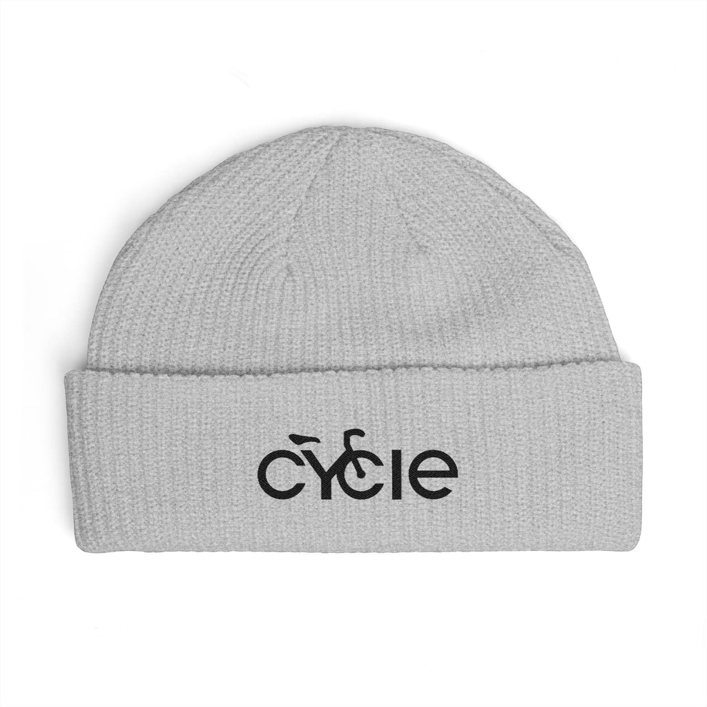 Rack & Cycle light grey acrylic fisherman beanie with wide ribbed knit and embroidered black 'Cycle' logo on the cuff.