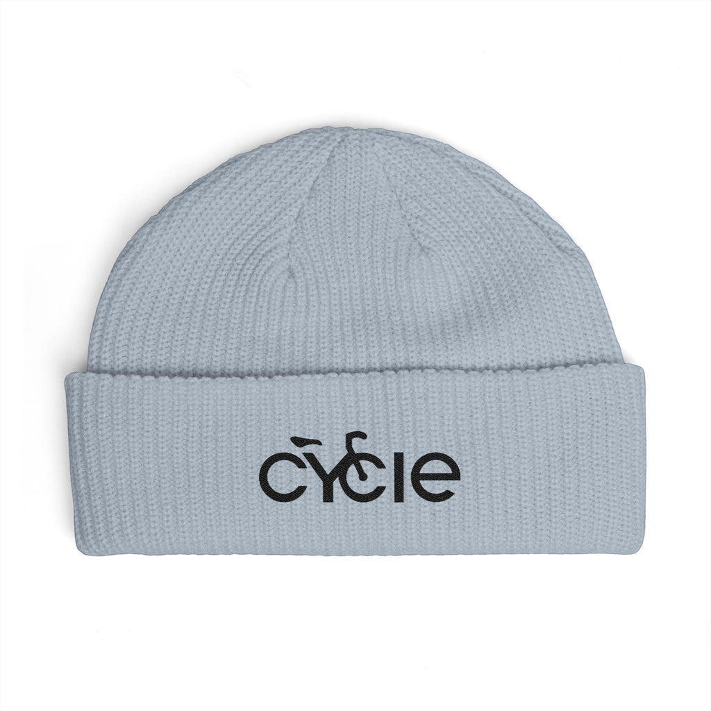 Rack & Cycle light blue acrylic fisherman beanie with wide ribbed knit and embroidered black 'Cycle' logo.