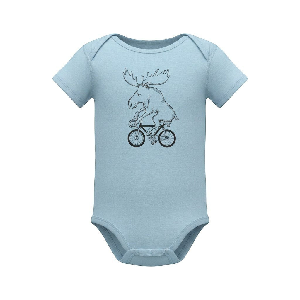 Rack & Cycle light blue 100% cotton baby bodysuit with a black line drawing of a moose riding a bicycle.
