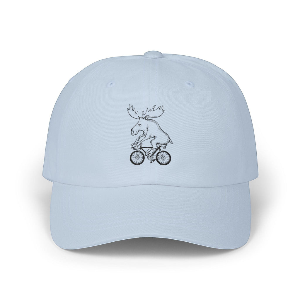 Rack & Cycle light blue cotton dad cap with a whimsical embroidered moose on a bicycle.