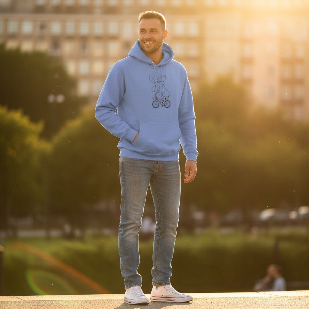 Rack & Cycle men's blue cotton fleece hoodie with a cycling moose graphic. Features a hood, front pocket, and spandex accents.