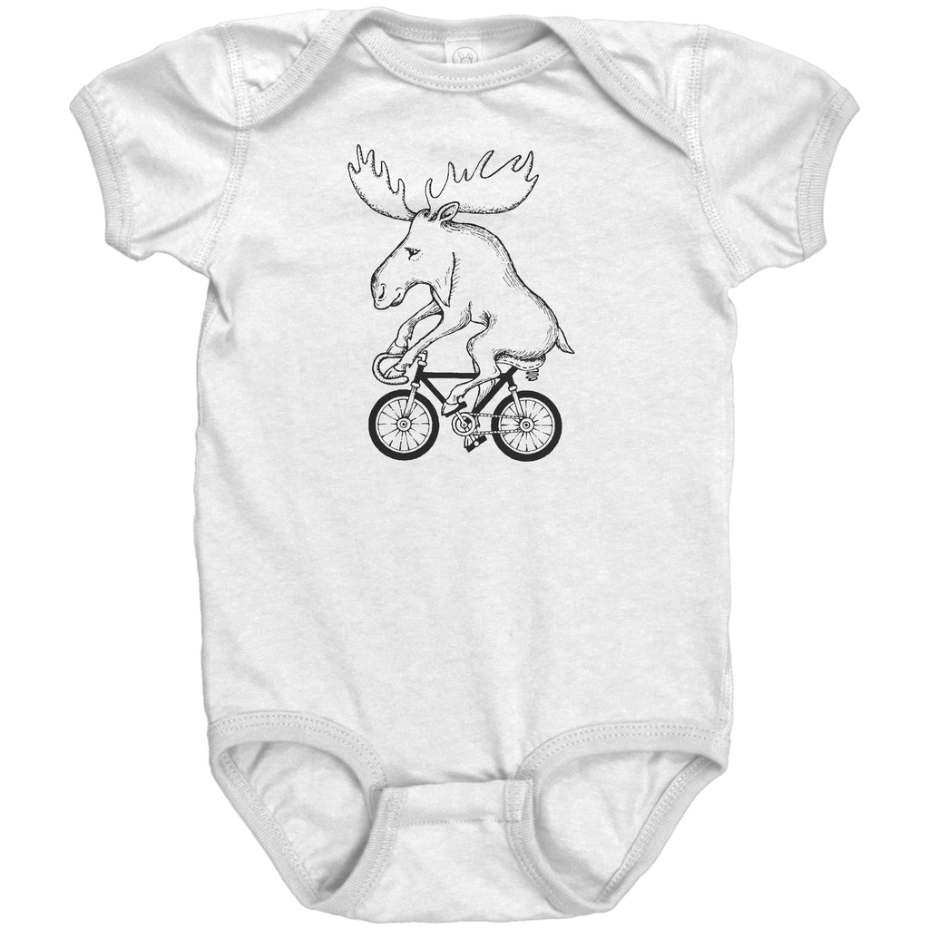 Rack & Cycle white 100% cotton baby bodysuit with a black line drawing of a moose riding a bicycle.