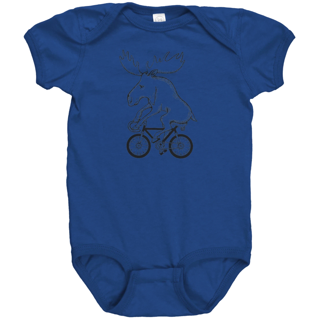 Rack & Cycle royal blue 100% cotton baby bodysuit with a graphic of a moose riding a bicycle.