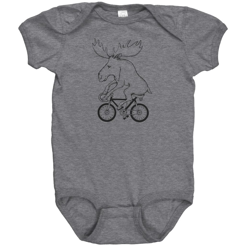 Rack & Cycle grey cotton baby onesie with a black line drawing of a moose riding a bicycle.