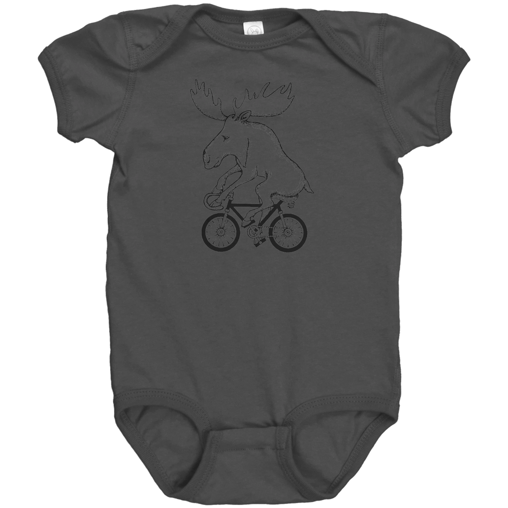 Rack & Cycle dark grey 100% cotton baby onesie with a black line drawing of a moose riding a bicycle.