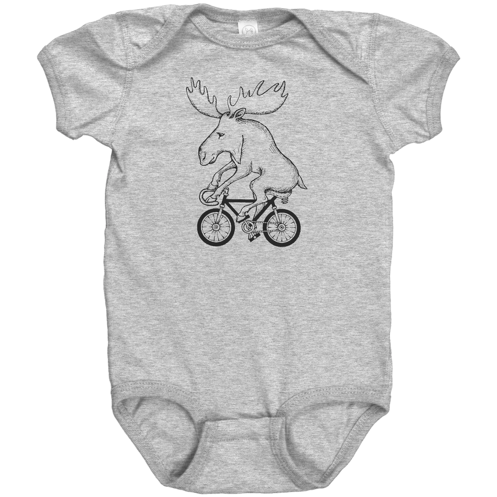 Rack & Cycle grey 100% cotton baby onesie with a black line drawing of a moose riding a bicycle.