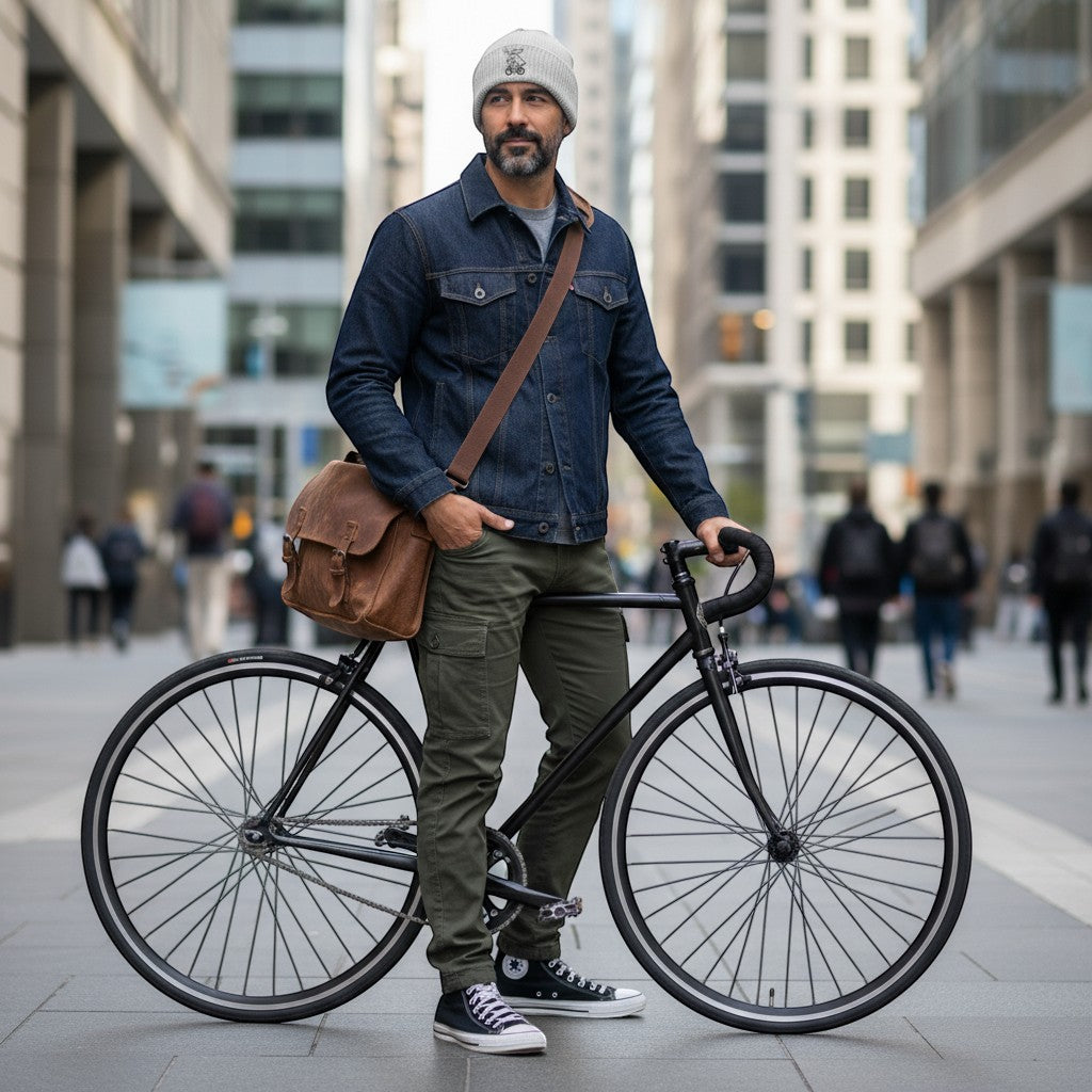 Rack & Cycle light grey ribbed knit cuff beanie with embroidered moose on a bike motif.