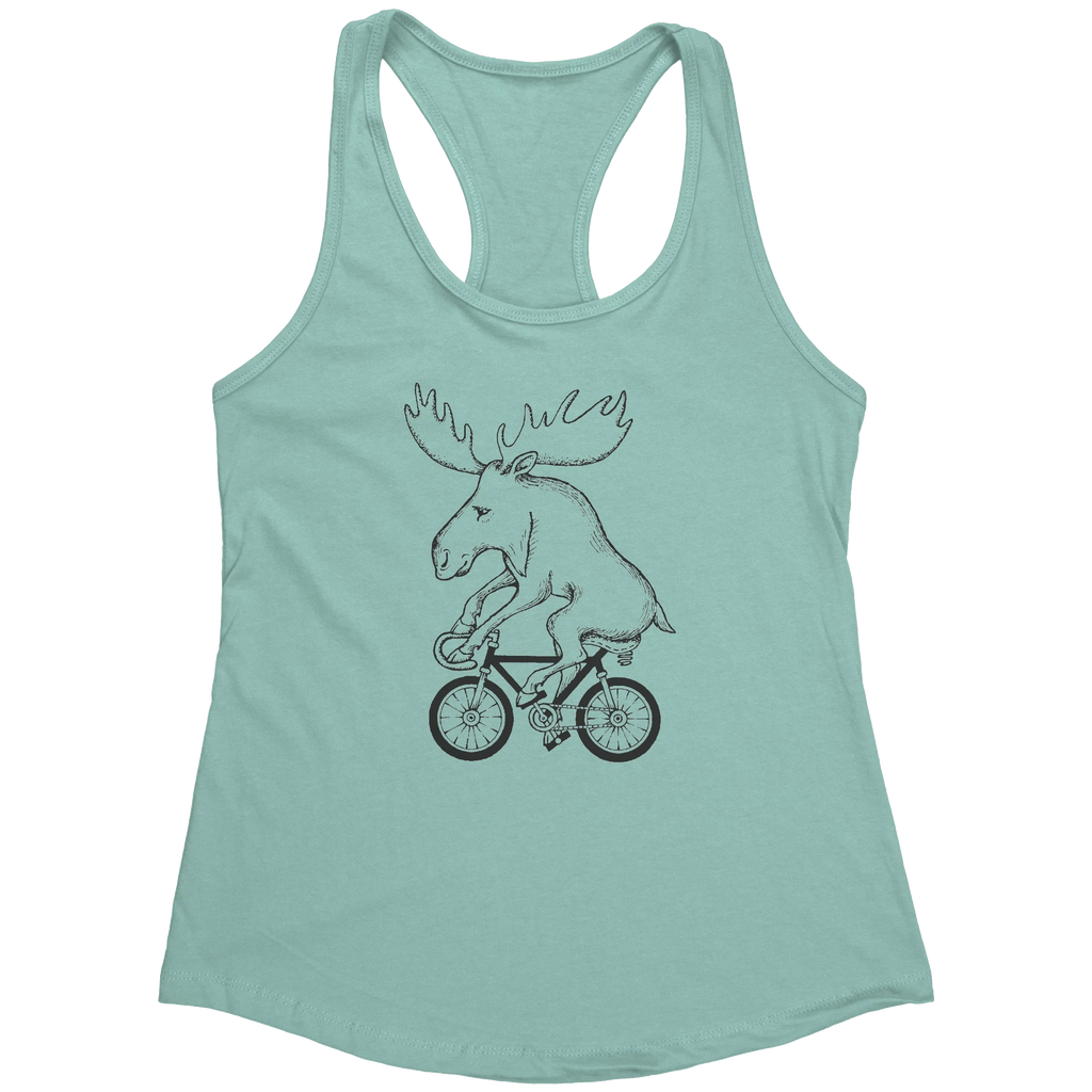Rack & Cycle women's light blue racerback tank top with a black graphic of a moose riding a bicycle.