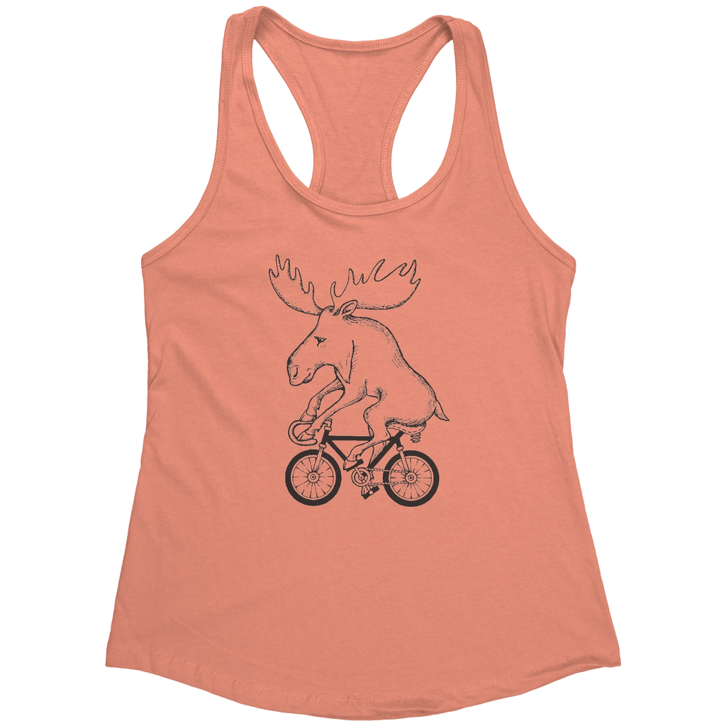 Rack & Cycle coral pink women's racerback tank top with a black line drawing of a moose riding a bicycle.