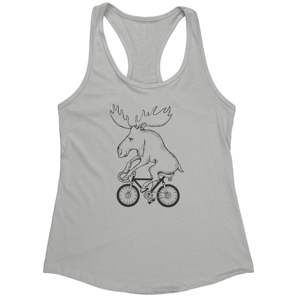 Rack & Cycle women's grey racerback tank top with a black line drawing of a moose riding a bicycle.