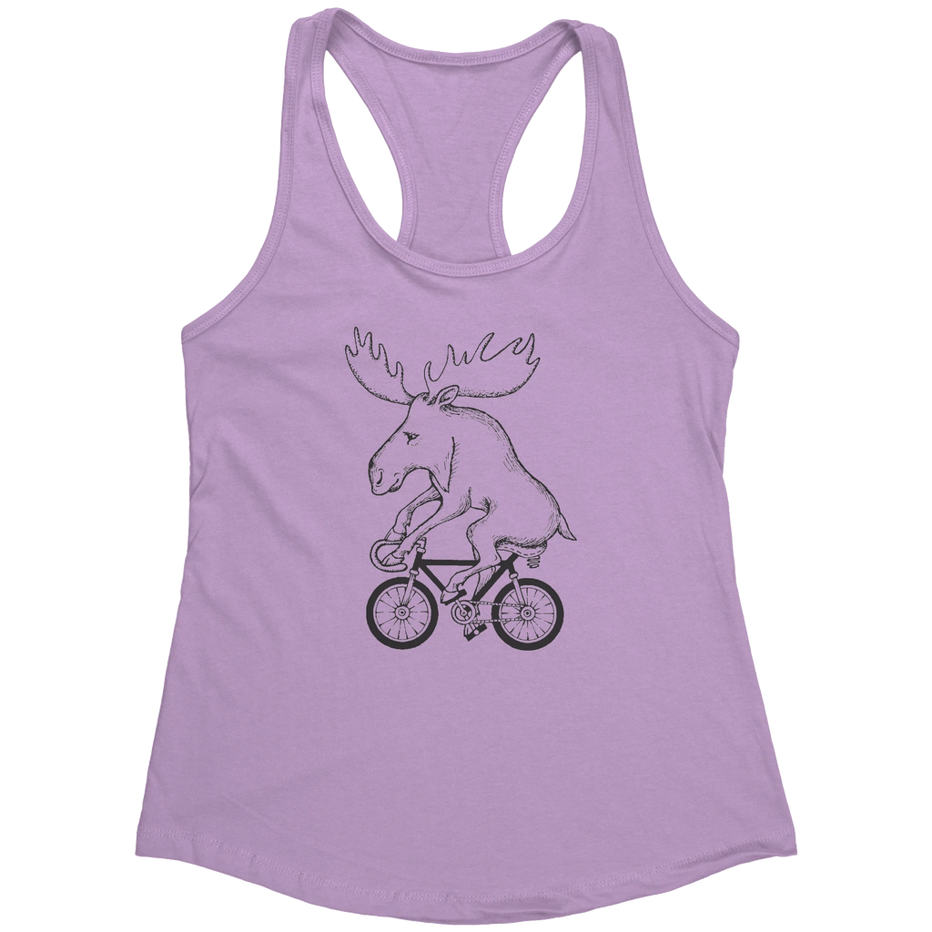 Rack & Cycle women's lilac racerback tank top with a black line drawing of a moose riding a bicycle.