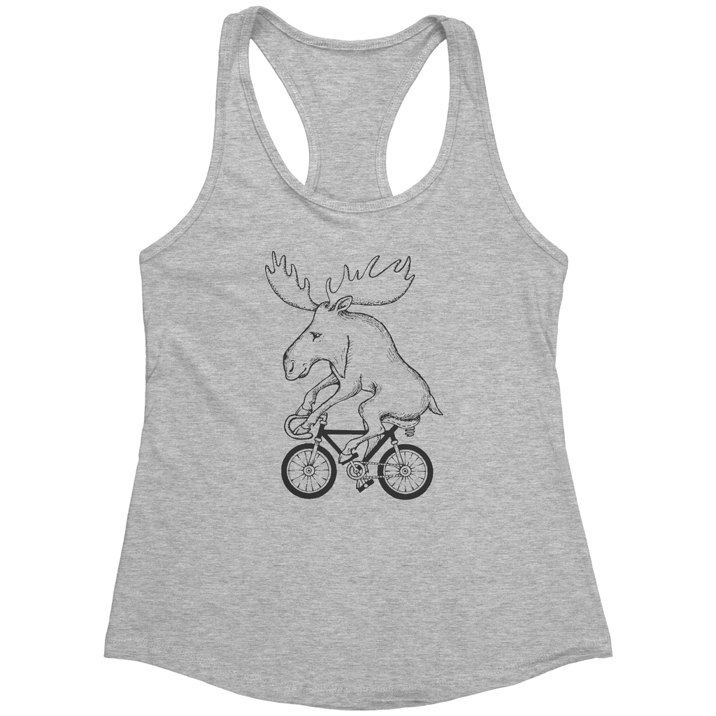 Rack & Cycle women's grey heather racerback tank top with a black graphic of a moose riding a bicycle.