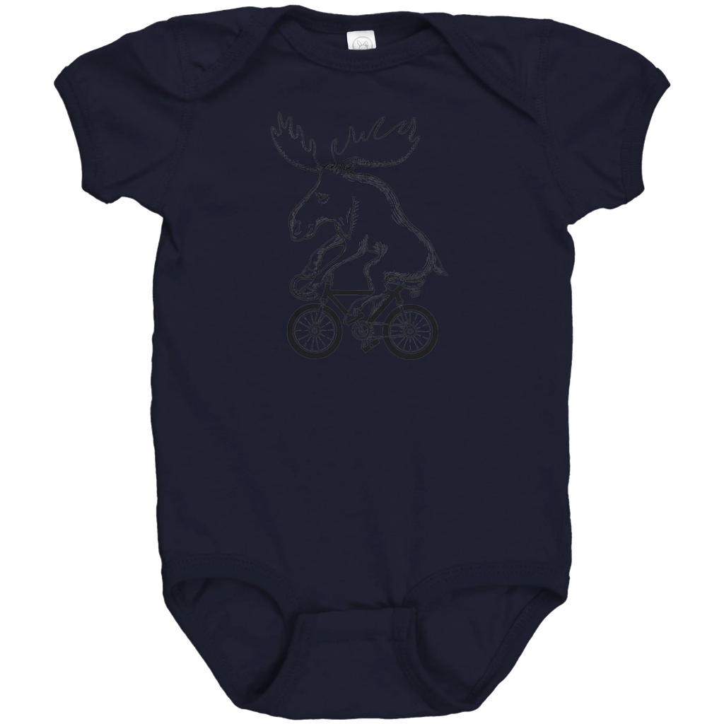Rack & Cycle navy blue 100% cotton baby bodysuit with a graphic of a moose riding a bicycle.