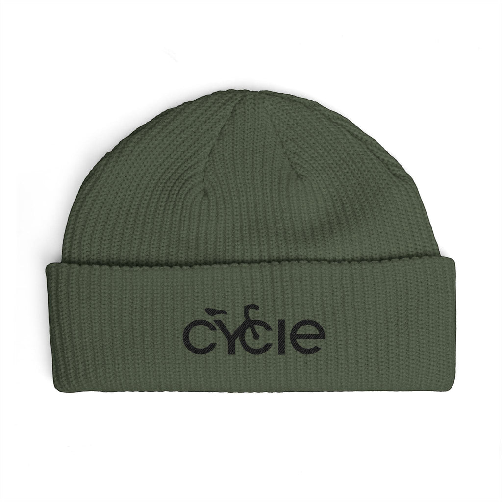 Rack & Cycle olive green acrylic fisherman beanie with folded cuff and embroidered bike logo.
