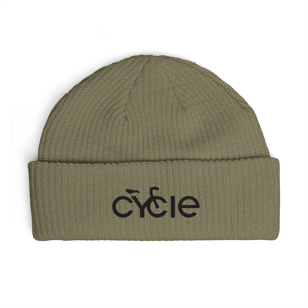 Rack & Cycle olive green acrylic fisherman beanie with wide ribbed knit and embroidered bike logo on cuff.