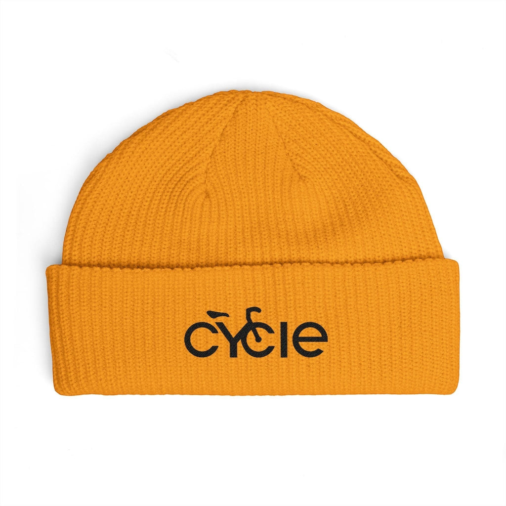 Rack & Cycle orange acrylic fisherman beanie with wide ribbed knit and embroidered black 'Cycle' logo.