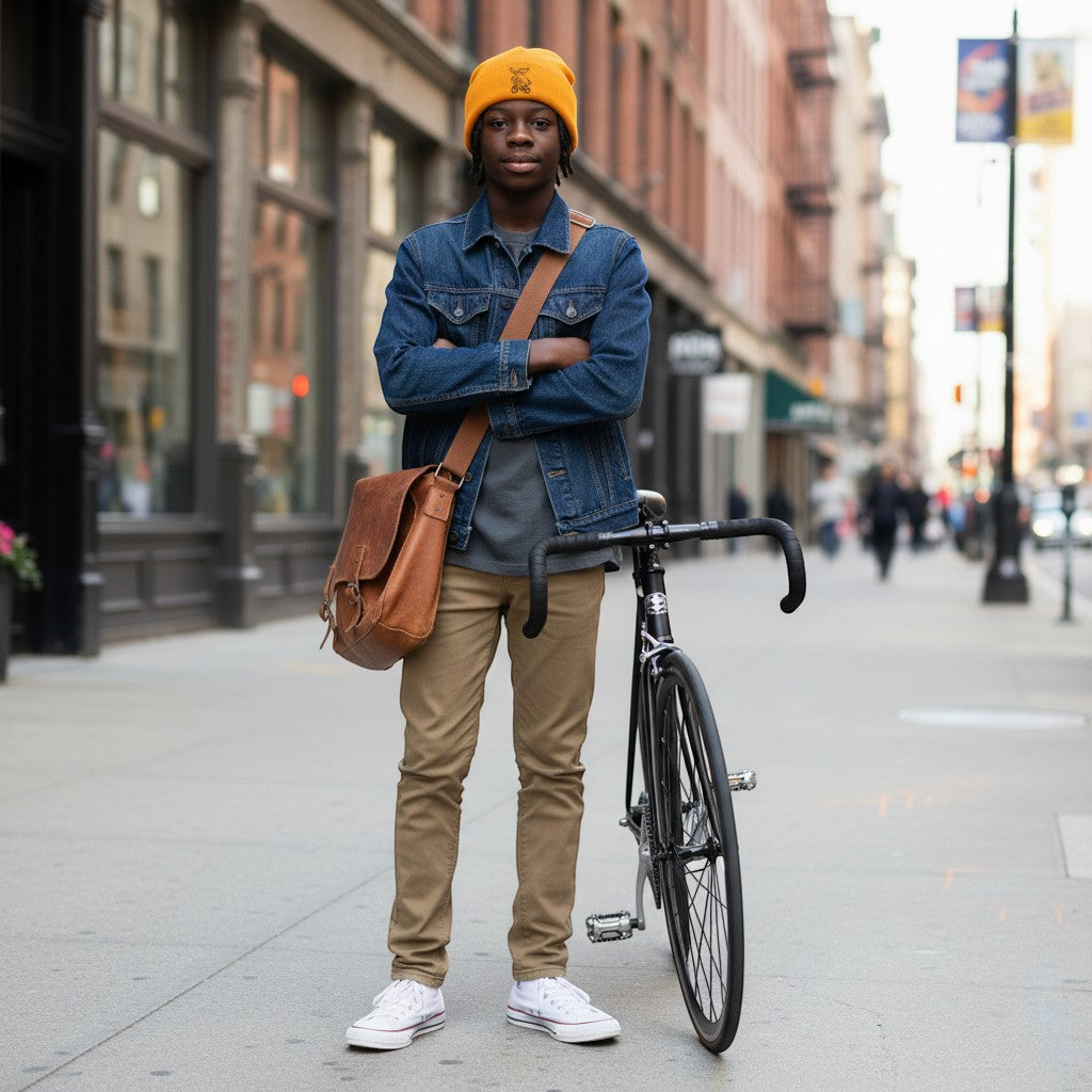 Rack & Cycle orange acrylic fisherman beanie with ribbed cuff and embroidered moose on a bike motif.
