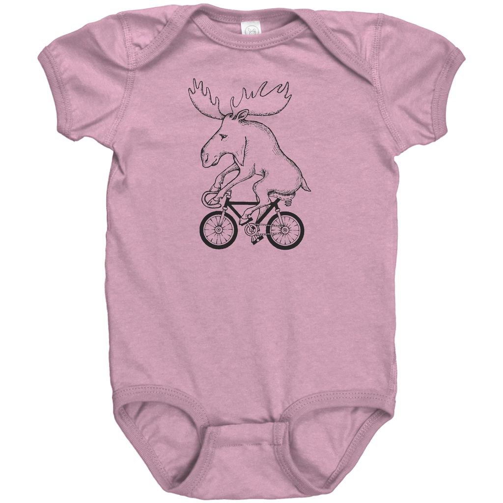 Rack & Cycle pink 100% cotton baby bodysuit with a black line drawing of a moose riding a bicycle.