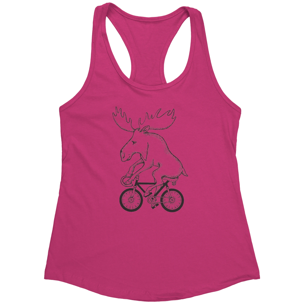 Rack & Cycle pink racerback tank top with a black line drawing of a moose riding a bicycle.