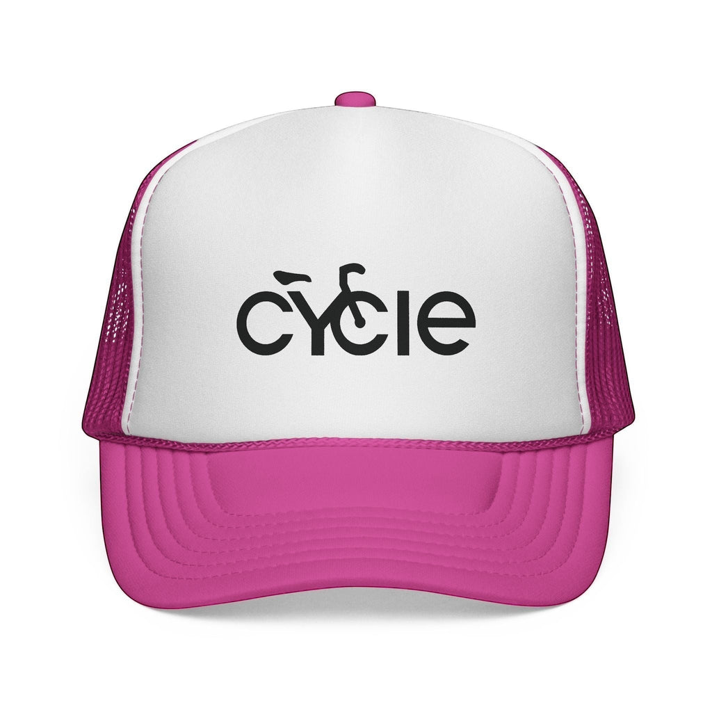 Rack & Cycle pink trucker hat with white front panel featuring a black 'cycle' bike logo. Mesh back for breathability.