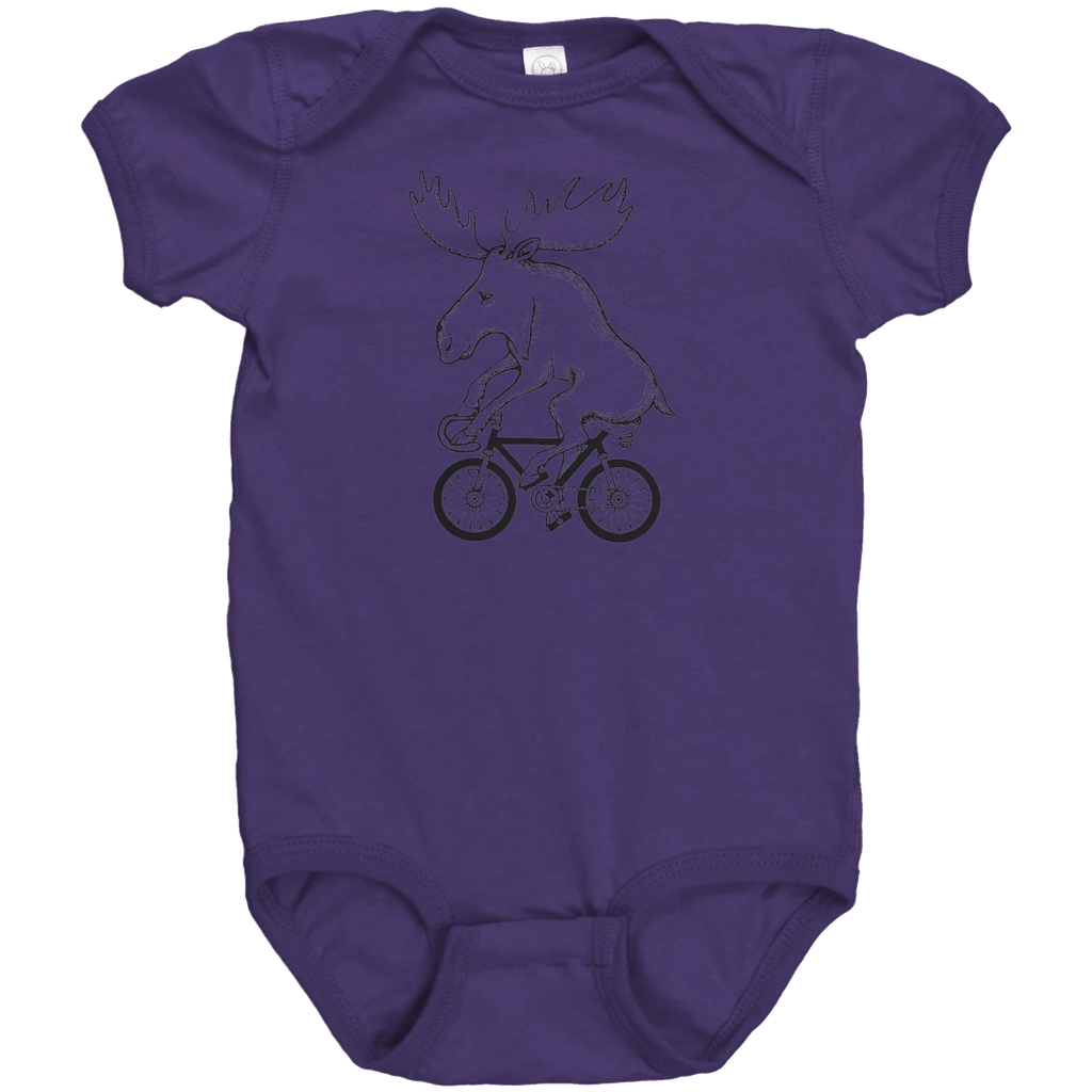 Rack & Cycle purple 100% cotton baby bodysuit with a black line drawing of a moose riding a bicycle.