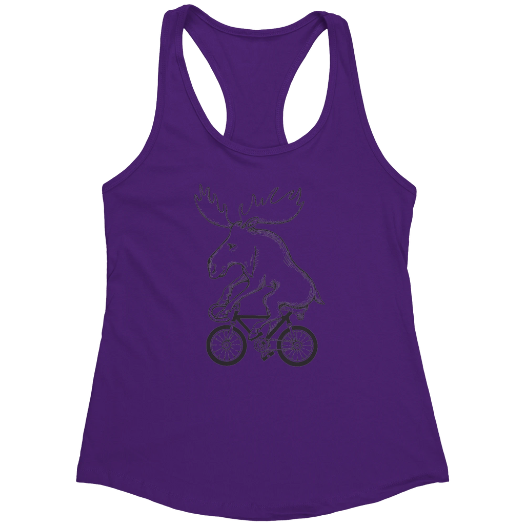 Rack & Cycle purple cotton-poly blend women's racerback tank top with a charcoal graphic of a moose riding a bicycle.