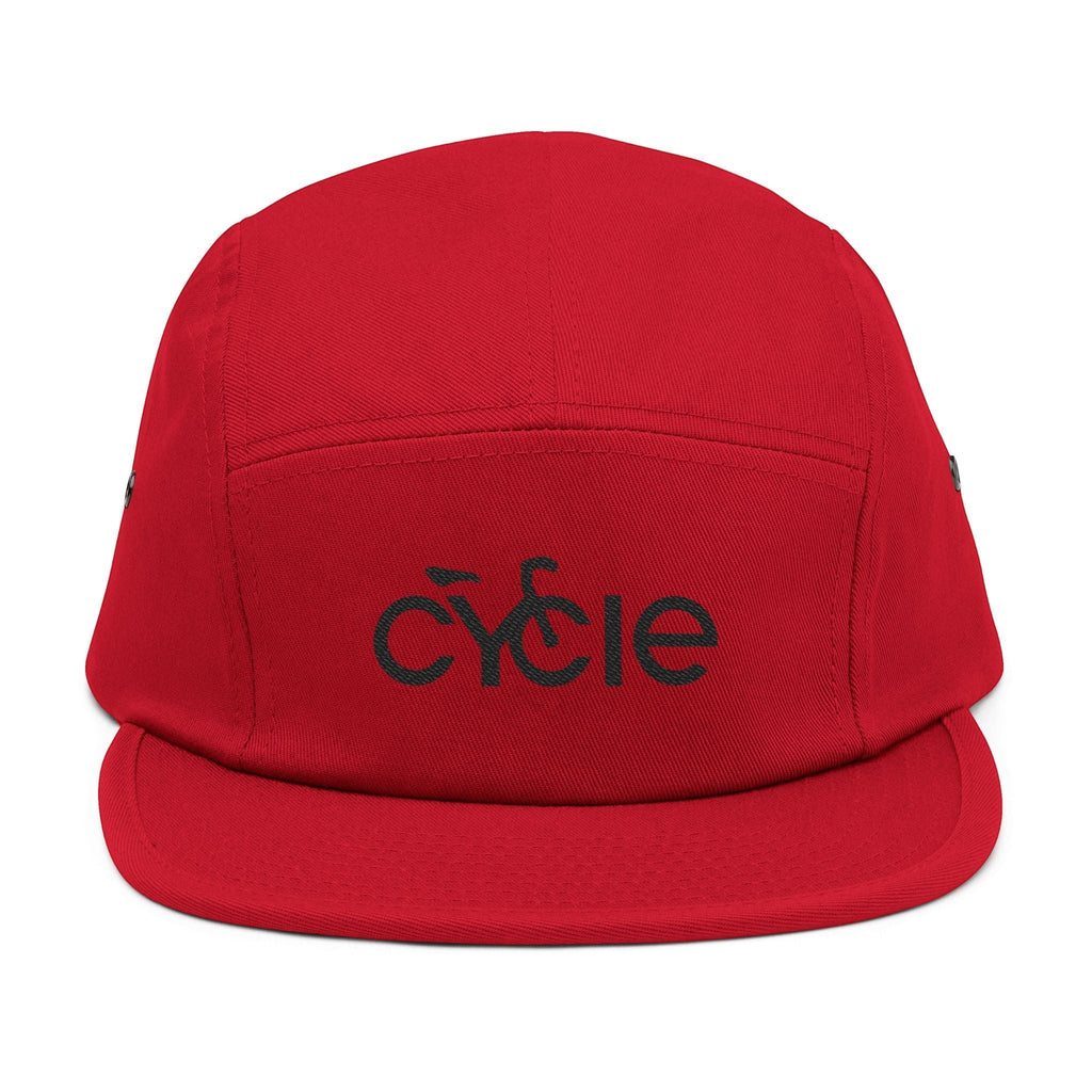 Rack & Cycle red cotton five-panel cap with black embroidered 'CYCLE' graphic and adjustable strap.