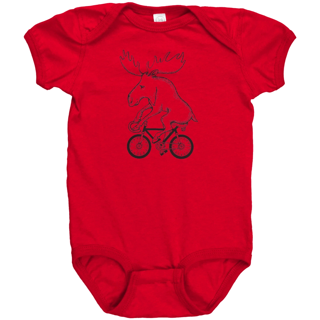 Rack & Cycle red 100% cotton baby onesie with a black graphic of a moose riding a bicycle.