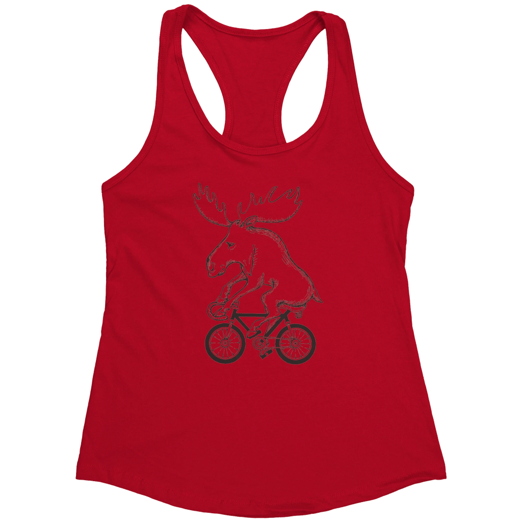 Rack & Cycle red cotton blend women's racerback tank top with a sketched moose riding a bicycle graphic.