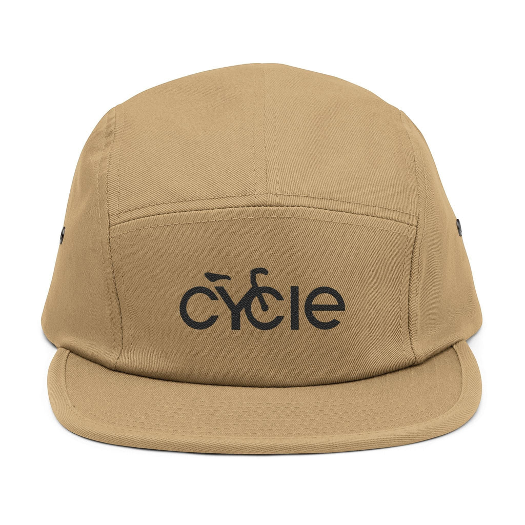 Rack & Cycle tan cotton 5-panel cap with black embroidered "CYCLE" graphic and metal eyelets.
