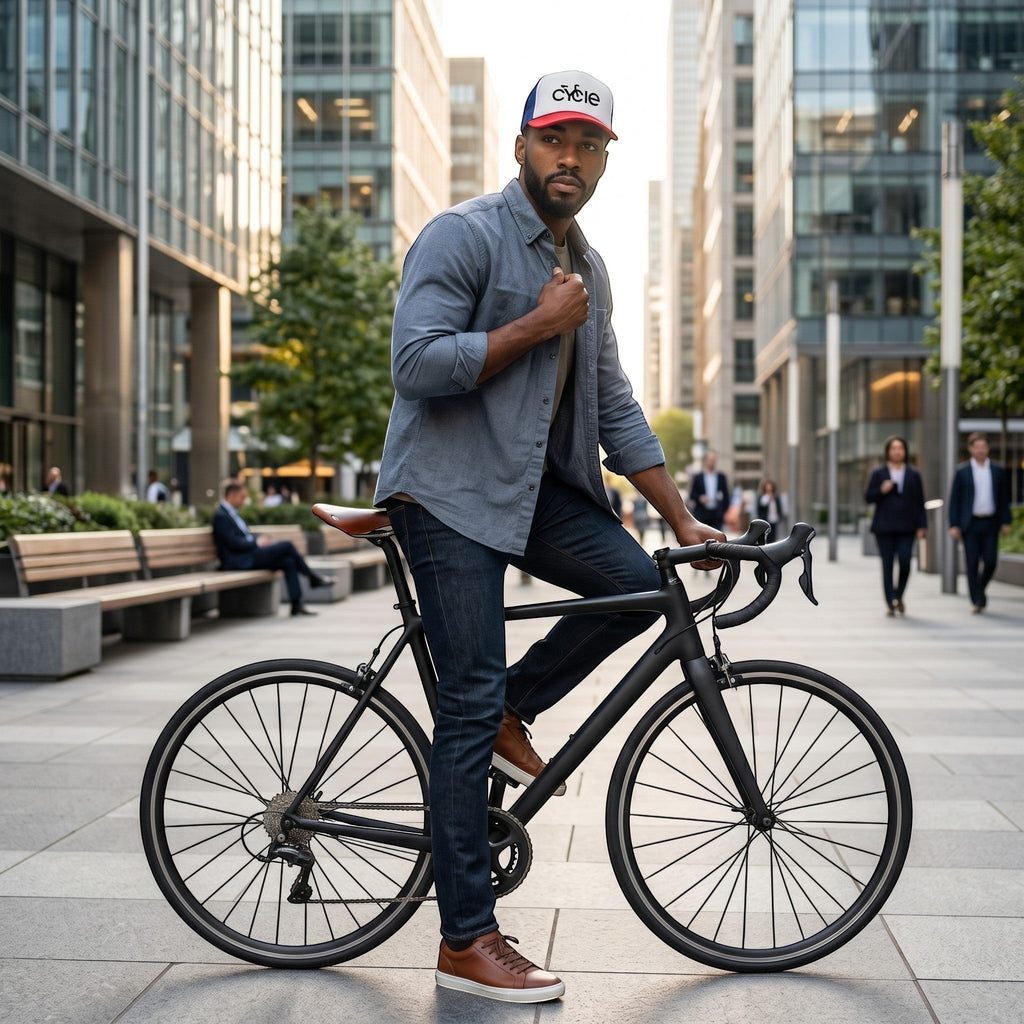 Rack & Cycle trucker hat with white front panel, red and blue bill, and 'cycle' graphic. Worn by a man on a bike in a city.