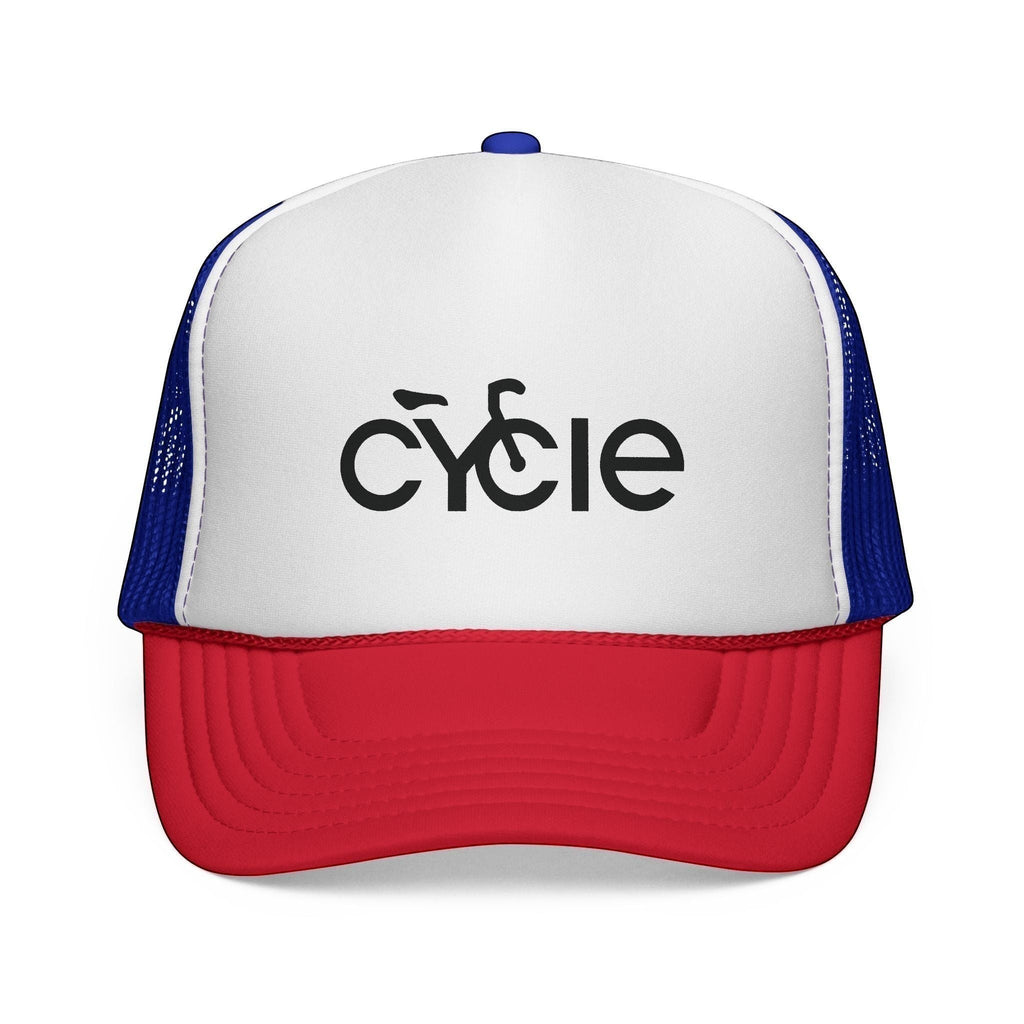 Rack & Cycle trucker hat with white front panel, blue mesh back, and red brim. Features a black 'cycle' logo.