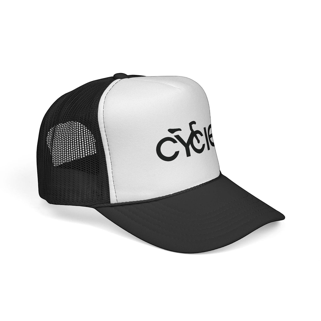 Rack & Cycle trucker hat with white front panel featuring a black 'cycle' logo and black mesh back. Adjustable snap closure.