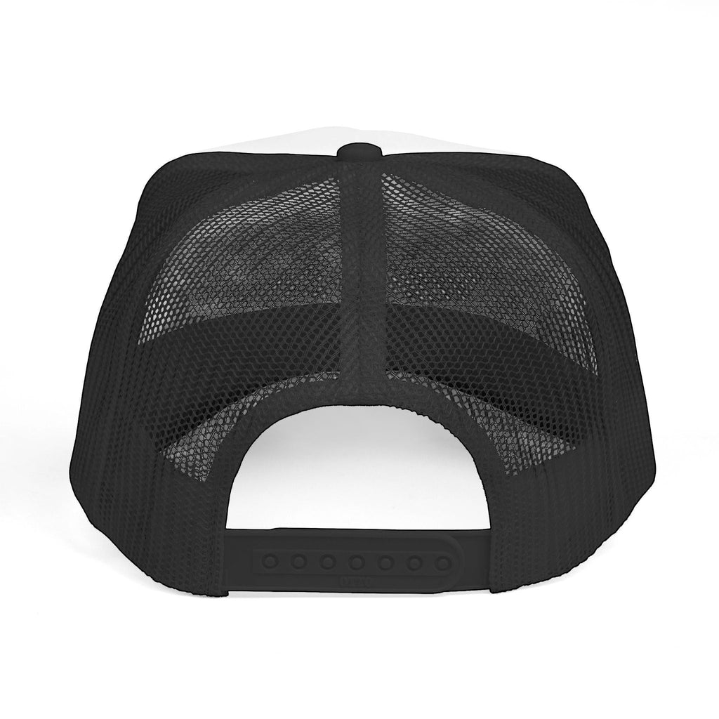Rack & Cycle white and black trucker hat with mesh back and adjustable snap closure.