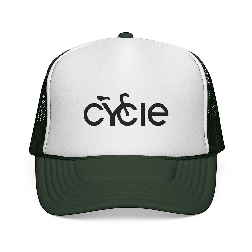 Rack & Cycle white trucker hat with dark green brim and mesh back, featuring a black 'cycle' graphic with a bike silhouette.