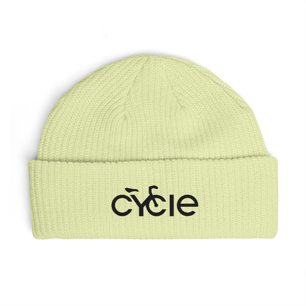 Rack & Cycle light yellow acrylic fisherman beanie with wide ribbed knit and embroidered black 'Cycle' logo on cuff.