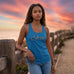 Rack & Cycle blue racerback tank top with grey cycle graphic. Lightweight cotton-poly blend.