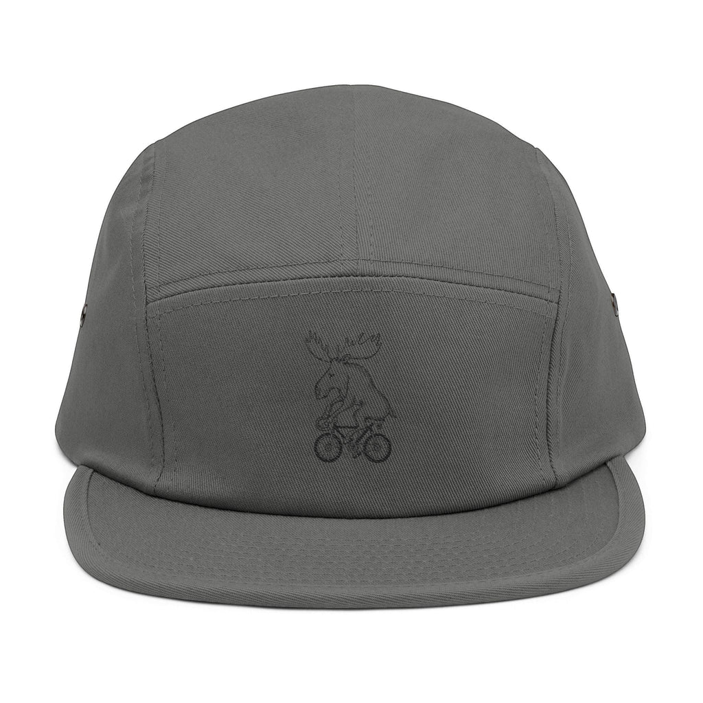 Rack & Cycle grey 100% cotton 5-panel cap with embroidered moose on a bike motif and adjustable strap.